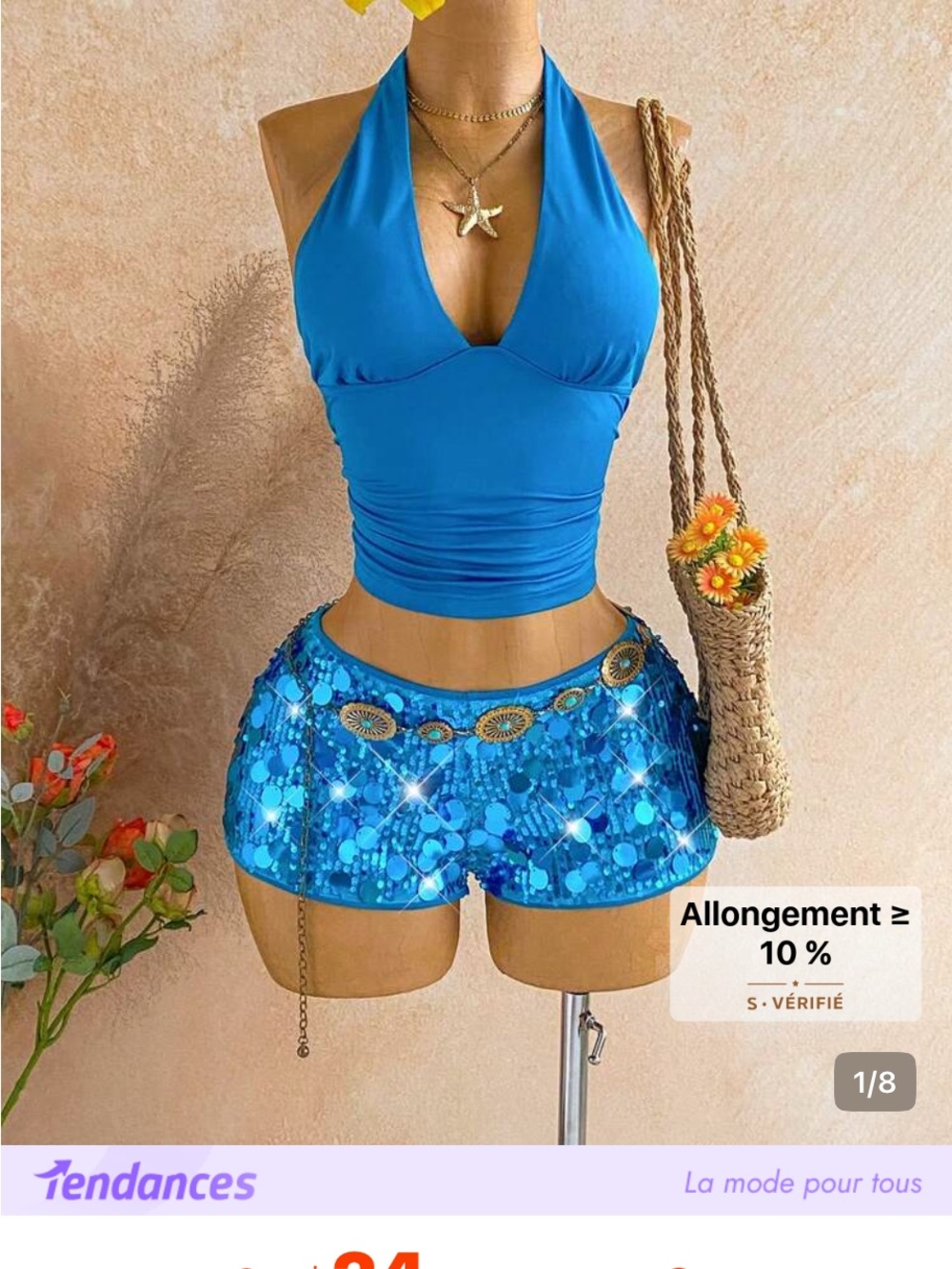 SHEIN Bright Blue Halter Top & Sequin Skort Set